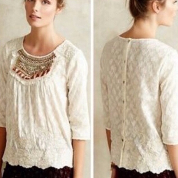 Anthropologie Tops - Anthropologie Embellished Lacey Peasant Top